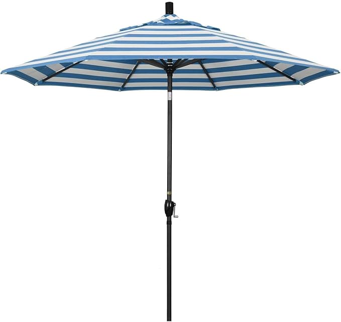California Umbrella 9' Rd Pacific Trail Series Aluminum Patio Umbrella, Crank Lift, Push Button Tilt, Black Finish, Sunbrella Cabana Regatta fabric