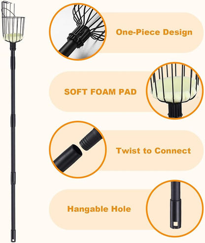 Fruit Picker Pole with Basket, 8.43FT (101 Inch) Adjustable Fruits Picker Tool with Stainless Steel Handle Fruit Grabber Reach Tool for Apple Mango Pear Avocados Fruit Picking, Black