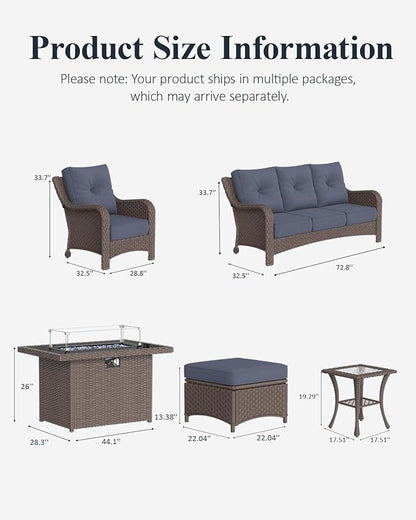 LayinSun 7 Piece Wicker Outdoor Furniture Set with 6-inch Comfy Cushions, High Back Patio Furniture Set with Rattan Armchairs and Fire Pit Table