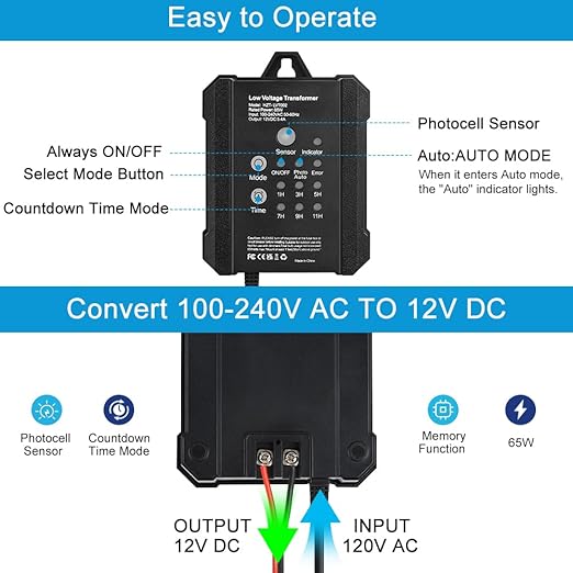 65W Low Voltage Landscape Transformer, RWUSNX Outdoor Landscape Lighting Transformer with Timer and Photocell Sensor, 120V AC to 12V DC Weatherproof for Spotlight, Garden Light, Pathway Light