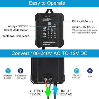 65W Low Voltage Landscape Transformer, RWUSNX Outdoor Landscape Lighting Transformer with Timer and Photocell Sensor, 120V AC to 12V DC Weatherproof for Spotlight, Garden Light, Pathway Light