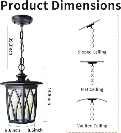JYZ Dusk to Dawn Outdoor Pendant Lantern, 15 Inch Craftsman Style Large Exterior Hanging Light with Water Ripple Glass, Traditional Outdoor Chandelier for Front Porch Gazebo Patio Garden