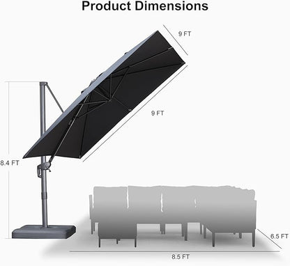 PURPLE LEAF 9 FT Outdoor Umbrella with Base Patio Cantilever Aluminum Umbrella with 3 Years Fade Resistance Recycled Fabric Offset Square with 360-degree Rotation for Deck Pool Garden, Graphite Grey