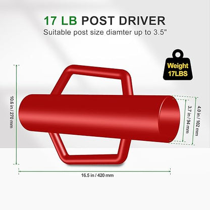 Fence Post Driver with Handle,17LB Hand Post Pounder,3.7 inches Inner Dia. Pole Rammer, Farm Wire Fencing for T Post, U-Channel Sign and Wooden Post, Red