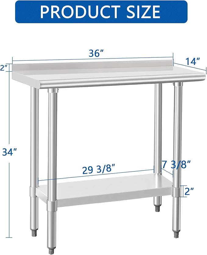 HARDURA Stainless Steel Commercial Work Table Prep Work Metal Table 14×36 Inches with Undershelf and 2" Backsplash Heavy Duty NSF 430 for Kitchen Food Prep