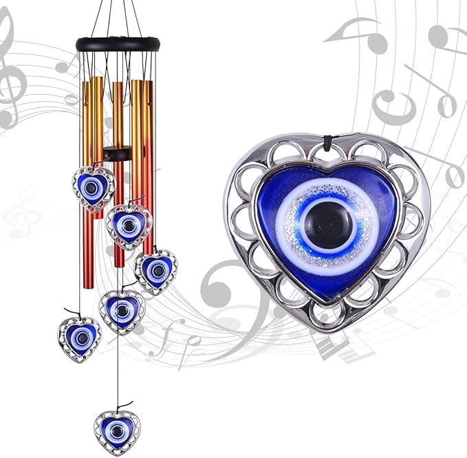 Blue Evil Eye Heart-Shaped Wind Chimes Outdoor Decor, Heart - Evil Eye Wind Bells, Mobile Evil Eye Windcatcher, Blue Evil Eye Amulet Wind Chimes for Home, Gifts for Mom,Balcony,Patio,Garden Decoration