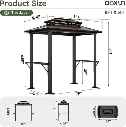 Aoxun 8'x5' Hardtop Grill Gazebo, Outdoor Barbecue Gazebo with Double Polycarbonate Top & 2 Side Shelves & Hooks, Aluminum Grill Canopy for Patio, Lawn, Garden (Brown)