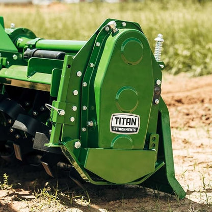 Titan Attachments 3 Point 60" Rotary Tiller Attachment, Fits Cat 1 Tractors, Green Finish, PTO Driven Cultivator with a 540 RPM Gearbox, Replaceable Tines, Aerates Ground Soil