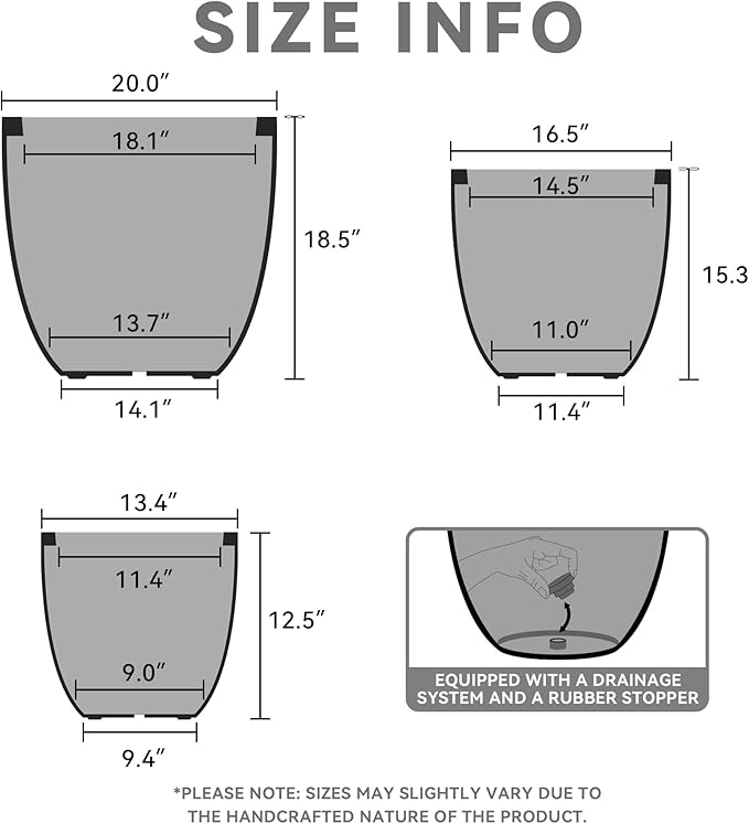 Kante 20",16.5",13.4" Dia Round Concrete Planters (Set of 3), Outdoor Indoor Modern Decorative Plant Pots with Drainage Hole & Rubber Plug for Home & Garden, Weathered Concrete