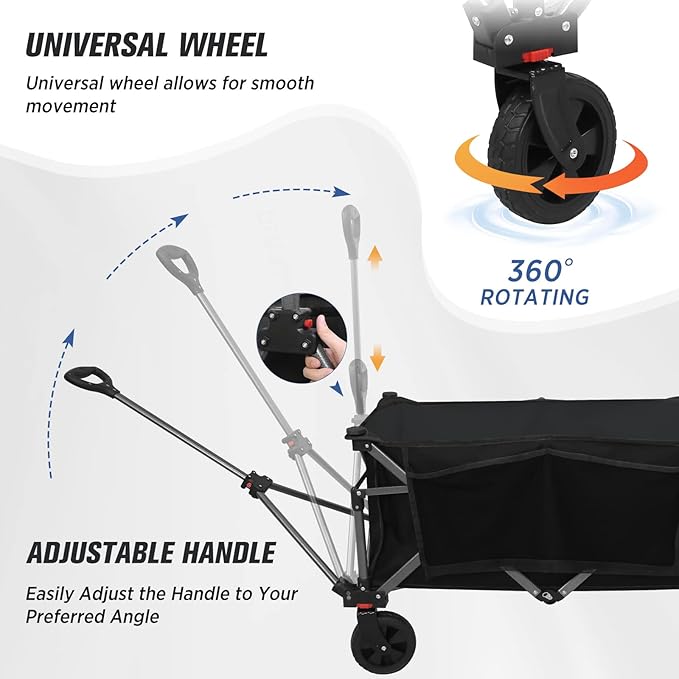 EAGLE PEAK Heavy-Duty Collapsible Folding Utility Wagon, All Terrain Garden Hand Cart with Large Size Pocket and Cup Holders for Sports, Beach, Camping, Garden, and Grocery, Black