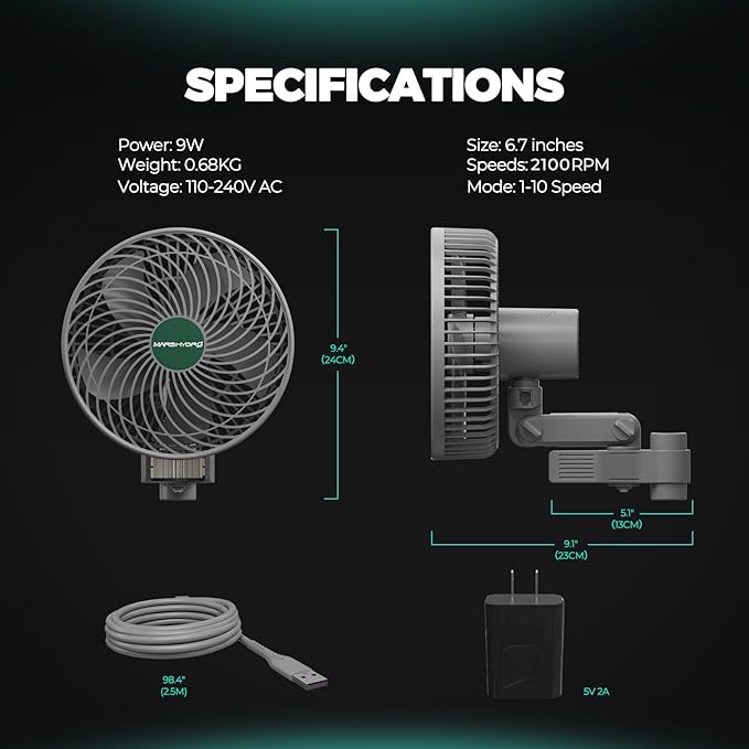 Mars Hydro M6 Grow Tent Fan, 10 Speeds Powerful Oscillating Clip Fan with Low Noise for Hydroponic Plants and Ventilation Circulation with Convenient APP/WiFi Control