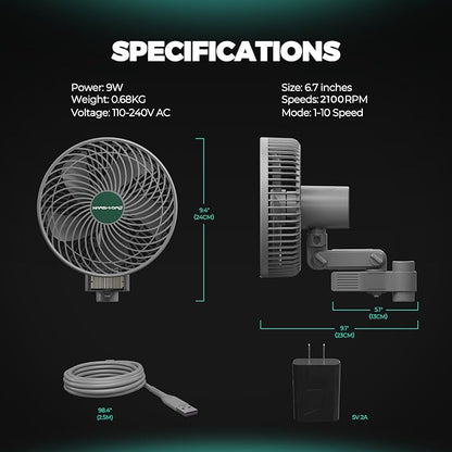 Mars Hydro M6 Grow Tent Fan, 10 Speeds Powerful Oscillating Clip Fan with Low Noise for Hydroponic Plants and Ventilation Circulation with Convenient APP/WiFi Control