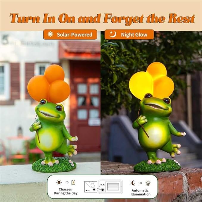 WHIMSYNOOK 11.8" Resin Frog with Balloon Solar LED Garden Statue Light, Ideal for, Porch, Lawn, Yard, Housewarming, or Birthday Gifts for Mom, Family, and Froggy Lovers