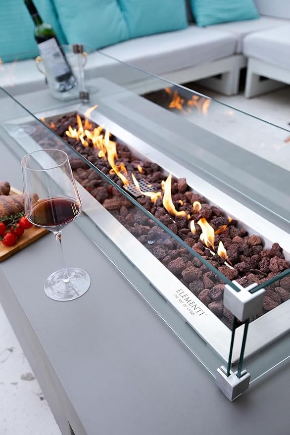 Elementi Granville Gas Fire Pit Bundle Concrete Fire Table, Outdoor Fire Pit Electronic Ignition | Canvas Cover, Lava Rock Included | Free AMS Wind Guard | Light Gray (Propane Gas)