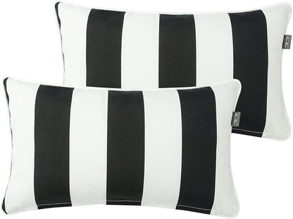 FUNHOME Outdoor Lumbar Pillows for Patio Furniture,12x20 Inch Decorative Pillows Set of 2 with Insert,Hidden Zipper Water Resistant Headrests for Sofa Couch Chair(Black White Stripe)