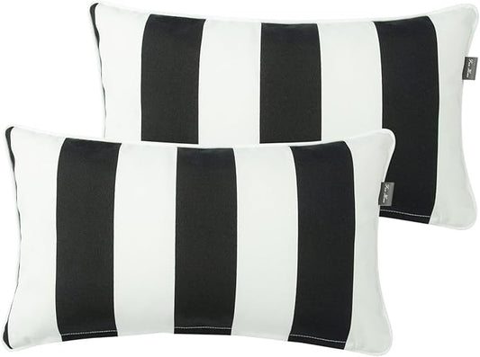 FUNHOME Outdoor Lumbar Pillows for Patio Furniture,12x20 Inch Decorative Pillows Set of 2 with Insert,Hidden Zipper Water Resistant Headrests for Sofa Couch Chair(Black White Stripe)