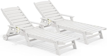 SERWALL Patio Chaise Lounge Chair Set of 2, 78'' Long 5-Positions Adjustable HDPE Outdoor Lounge Chair for Pool, Poly Lounge Chair with Rolling Wheels & Cup Holder for Poolside, Deck, White