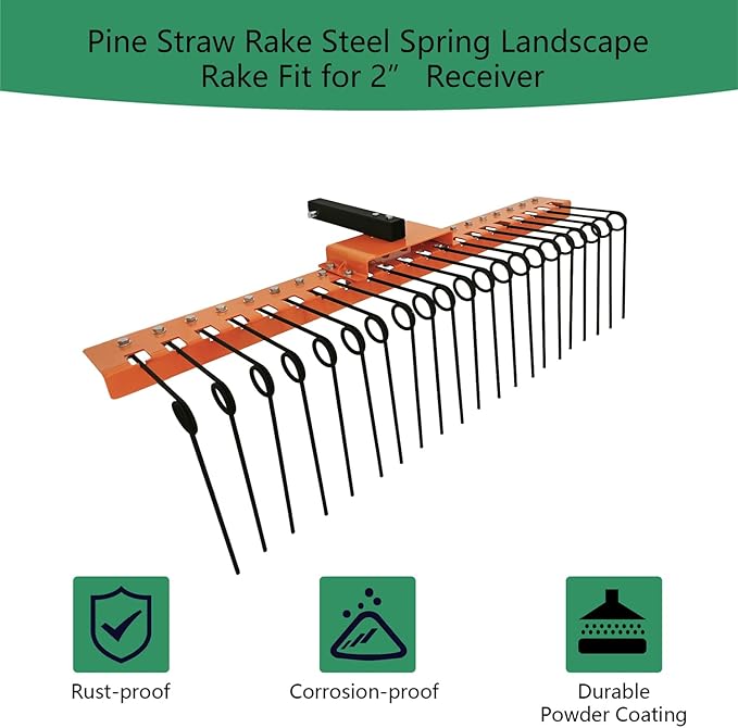 48" Durable Pine Straw Rake Steel Spring Landscape Rake Fits 2" Receiver for Lawn Tractors or ATV/UTV，Orange