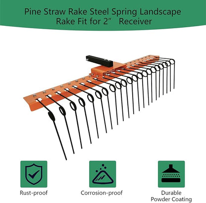48" Durable Pine Straw Rake Steel Spring Landscape Rake Fits 2" Receiver for Lawn Tractors or ATV/UTV，Orange