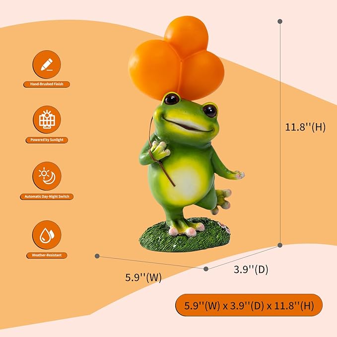 WHIMSYNOOK 11.8" Resin Frog with Balloon Solar LED Garden Statue Light, Ideal for, Porch, Lawn, Yard, Housewarming, or Birthday Gifts for Mom, Family, and Froggy Lovers