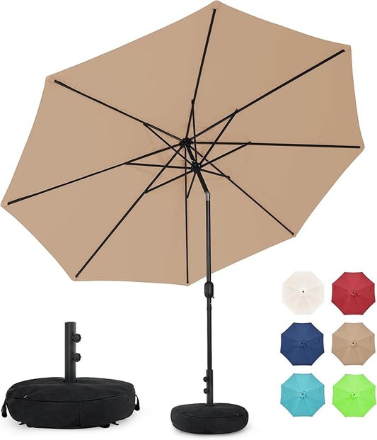 Sundale Outdoor 11 ft Patio Umbrella with Sand Bag Umbrella Base Included, Outdoor Umbrella with Tilt and Crank, Tan