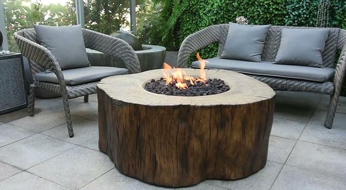 Elementi | Manchester Gas Fire Pit Cast Concrete Semi-Round Fire Table, Outdoor Fire Pit Electronic Ignition | Canvas Cover, Lava Rock Included | Red Wood (Propane Gas)