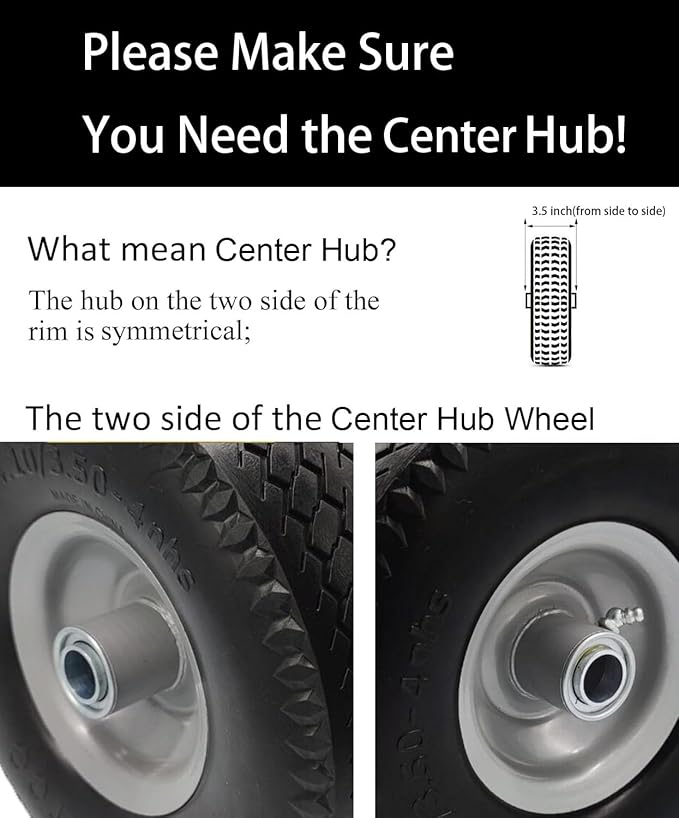 Flat Free 4.10/3.50-4 Tire with 3/4 & 5/8 Axle Bore, 3.5” Center Hub 10 inch Solid Tire Replacement for Hand Truck/Wagon/Garden Cart/Wheelbarrow/Dolly(Set of 2)