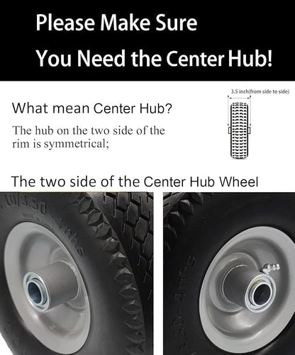 Flat Free 4.10/3.50-4 Tire with 3/4 & 5/8 Axle Bore, 3.5” Center Hub 10 inch Solid Tire Replacement for Hand Truck/Wagon/Garden Cart/Wheelbarrow/Dolly(Set of 2)