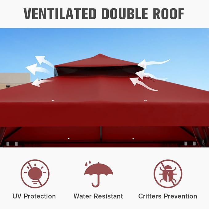 COOS BAY 8x8 Outdoor Patio Gazebo with Netting and Corner Shelves, Two-Tier Soft Top Canopy for Backyard, Lawn, Deck and Garden, Red