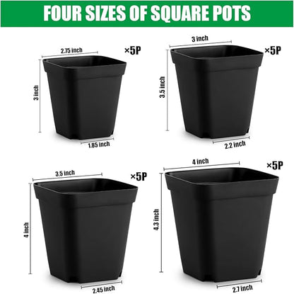 Square Nursery Pots Clearance (2.7", 3", 3.5", 4") with Drainage Holes 20 Pcs, Plastic Seed Starting Pots, Sturdy and Durable Seedling Pots for Planting, Cuttings and Transplanting, Black