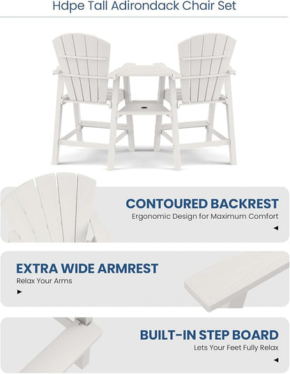 Ciokea Tall Adirondack Chairs Set of 2, HDPE Outdoor Adirondack Bar Stools with Double Connecting Tray, Weather Resistant High Back Adirondack Balcony Chairs for Deck, Lawn, Pool, Backyard, White