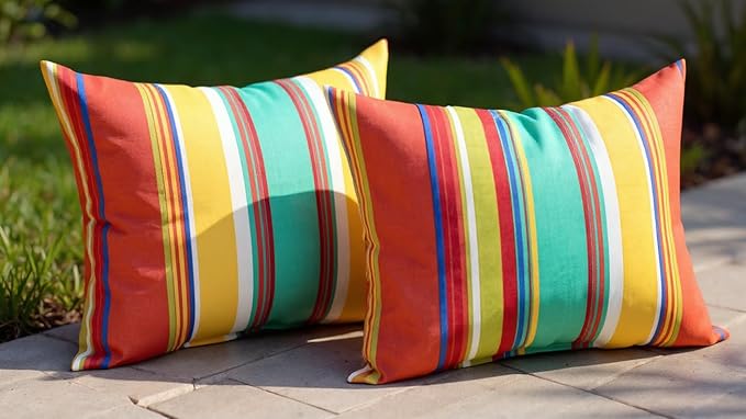 RSH DECOR: 6-Pack Pillow Set | All-Weather Spun Fabric | Water & Fade-Resistant | 17" Square, 20" x 12" Lumbar, 20" x 6" Neck Roll | Outdoor Pillows for Patio Furniture | Bright Colorful Stripe