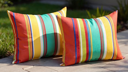 RSH DECOR: 6-Pack Pillow Set | All-Weather Spun Fabric | Water & Fade-Resistant | 17" Square, 20" x 12" Lumbar, 20" x 6" Neck Roll | Outdoor Pillows for Patio Furniture | Bright Colorful Stripe