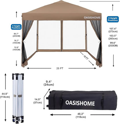 OASISHOME 10'x10' Pop-Up Gazebo Canopy Tent with Netting Sidewalls & Wheeled Bag,Weight Bag, Stakes, Ropes, Waterproof, UV Protection, Heavy-Duty Steel Frame for Backyard/Outdoor/Parties (Khaki)