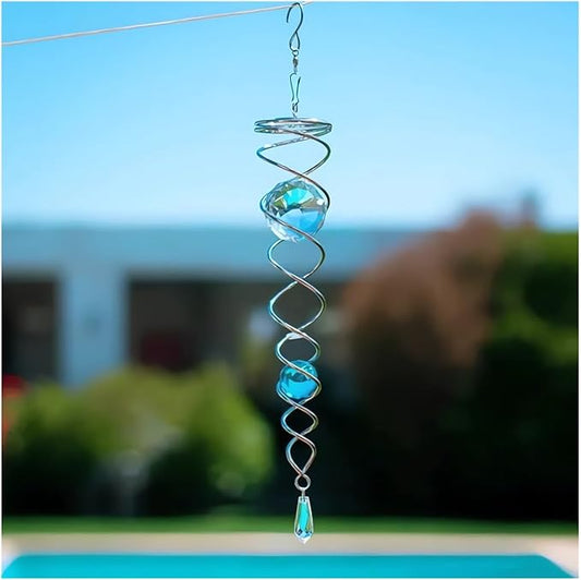 Decorative Spiral - 2024 New Gazing Ball Spiral Tail Wind Spinner Stabilizer, Spinfinity Designs Hanging Kinetic Wind Spinners Decorative Spiral Crystal Sun Catchers Rainbow Maker (Blue, 12in)