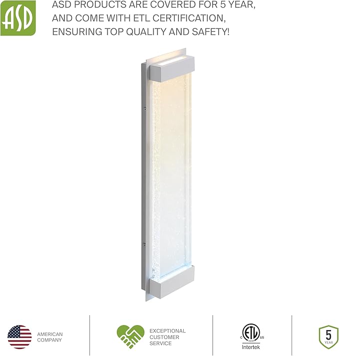 ASD LED 24 Inch Bubble Glass Wall Light Fixture | 22W 530LM 3000-5000K 100-277V | 3CCT, Waterproof, Dimmable, Up-Down Glow, ETL Listed | Exterior Flush Mount Sconce, Outdoor Lighting | White, 2 Pack