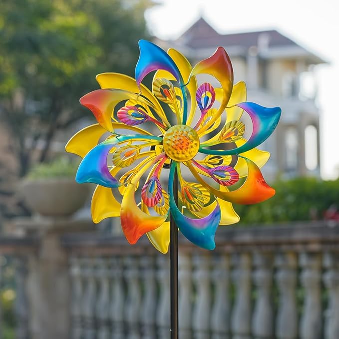 DREAMSOUL 13" Dia Wind Spinners Outdoor with 4 Prong Stakes, Kinetic Metal Wind Spinners for Yard and Garden Decor (52 * 13 Inches)