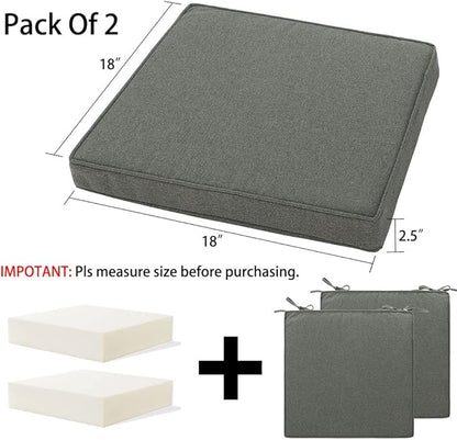 Magpie Fabrics Indoor Outdoor Waterproof Square Chair Cushion, 18" x 18" x 2.5", 2 Pack, Water Resistant Seat Cushions, for Patio Garden Office, Dark Grey