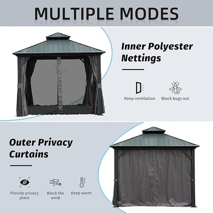 Domi 8’ X 8’ Hardtop Gazebo Canopy with Netting & Curtains, Outdoor Gazebo with Galvanized Steel Double Roof for Patio Lawn and Garden, Gray