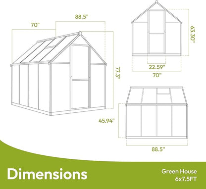 VIWAT 6x7.5 FT Greenhouse for Outdoors, Polycarbonate Greenhouse with Quick Setup Structure and Roof Vent, Aluminum Large Walk-in Green House for Outside Garden Backyard, Black