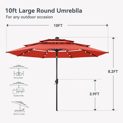 PHI VILLA 10ft Patio Umbrella with Light, Outdoor Large Auto-Tilt 3 Tier Market Table Umbrellas with 8 Sturdy Ribs and 1.5" Pole for Lawn Poolside Garden Terrace, Orange Red