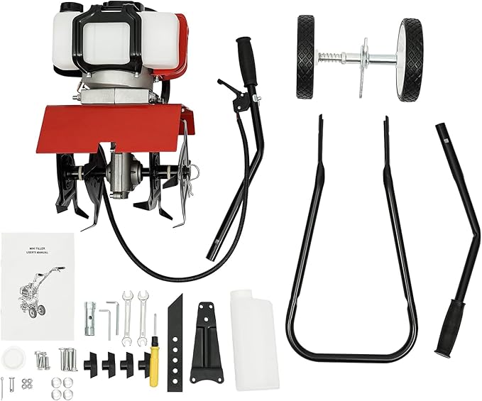 52CC 2 Stroke Mini Tiller Cultivator, Garden Tiller Gas Powered Hand Rotary Cultivator Rototiller Garden Tool with Long Handle for Garden & Lawn, Digging, Weed Removal & Soil Cultivation.