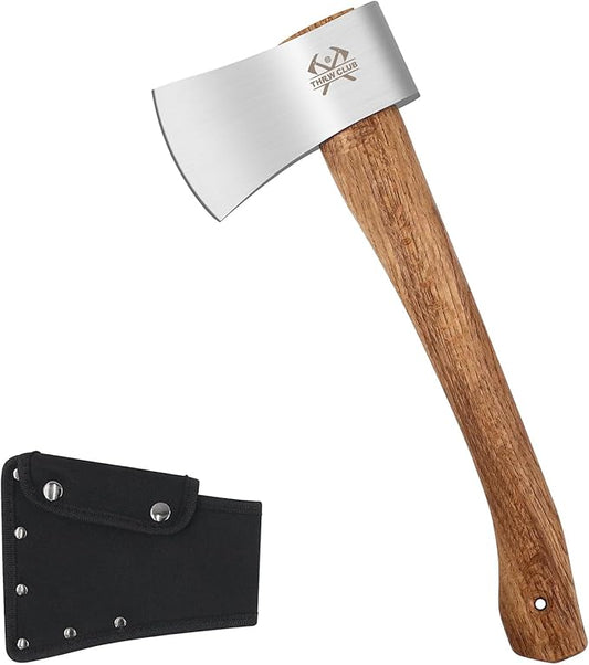 Camping Hatchet, 14.4" Survival Throwing Axe with Sheath, Survival Hatchet with Ergonomic Wood Handle for Camping, Chopping and Hiking