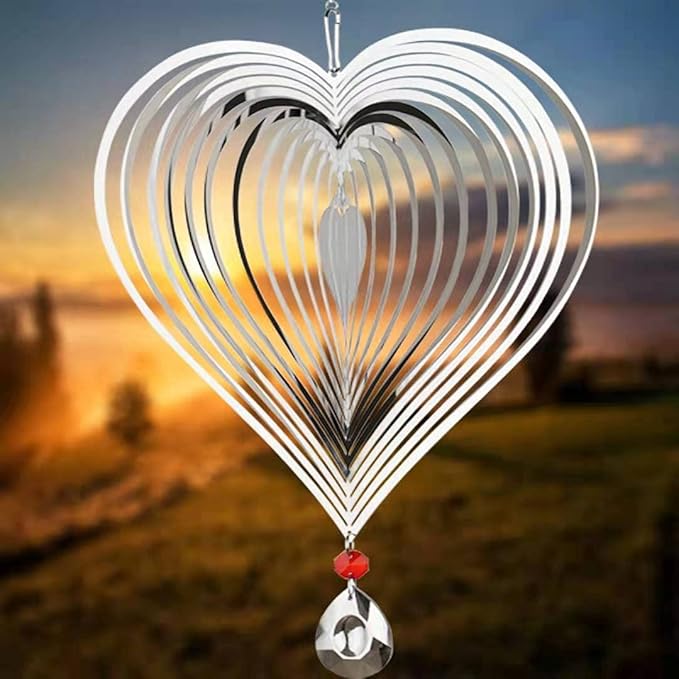 Wind Spinner, Hanging Wind Sculptures,Wind Spinners for Yard and Garden Decor,Yard Decorations Outdoor,Hanging Art Ornaments for Garden Yard Balcony Decor (Silver Heart)