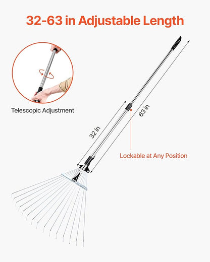 VEVOR Leaf Rake, 15 Metal Tines, Adjustable Garden Rake for Lawns with 7.5-22.4 Inch Wide Head & 32-63 Inch Long Handle, Heavy Duty Stainless Steel Small Leaves Tool for Gardening Camping Yard Grass