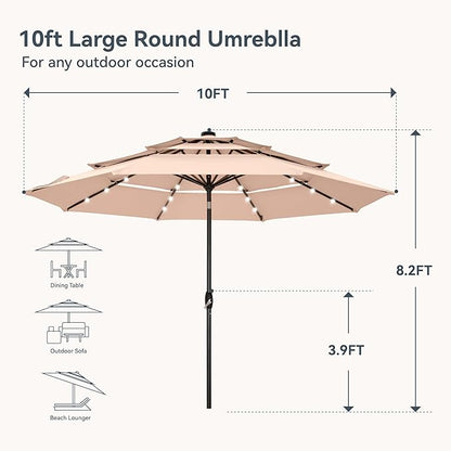 PHI VILLA 10ft Patio Umbrella with Solar Lights, Outdoor 3 Tier Vented Large Market Table Umbrella with 8 Sturdy Ribs and 1.5" Umbrellla Pole for Lawn Poolside Garden Terrace, Beige