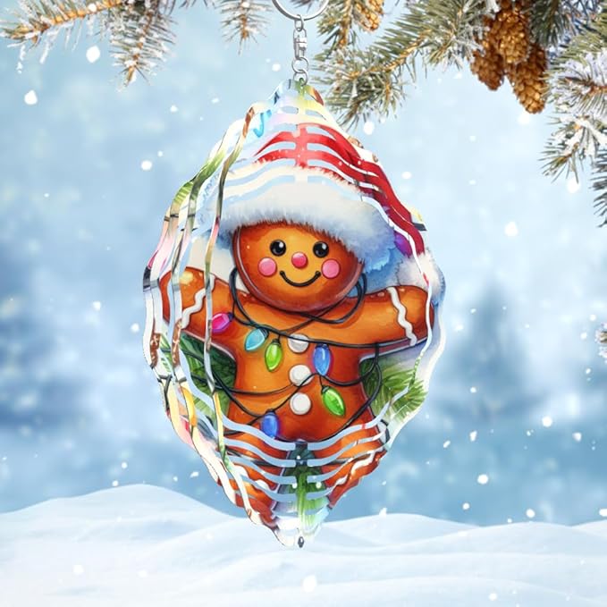 3D Gingerbread Wind Spinner 10 Inch Kinetic Wind Spinners Hanging Stainless Steel Holiday Ornament for Festive Home and Garden Christmas Decor
