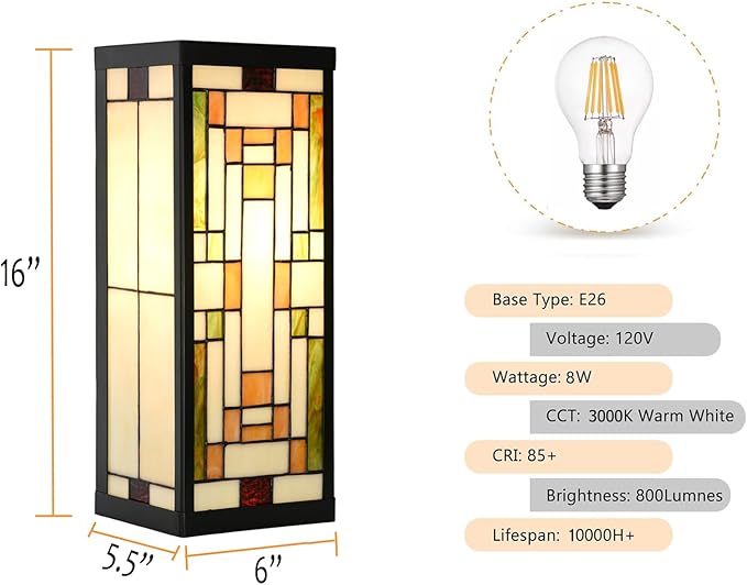 WL0005 Tiffany Style Rectangular Outdoor Wall Lights Stained Glass Corridor Wall Lamp Vintage Outdoor Balcony Aisle Hallway Wall Sconce Lighting,6" Wx 5.5" D x16 H, Bulb Included (Bricks)