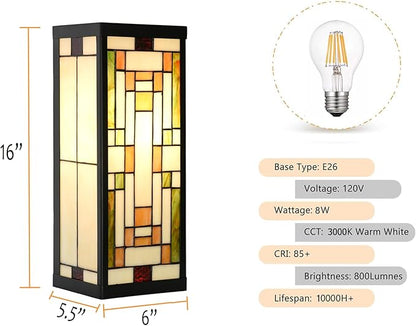 WL0005 Tiffany Style Rectangular Outdoor Wall Lights Stained Glass Corridor Wall Lamp Vintage Outdoor Balcony Aisle Hallway Wall Sconce Lighting,6" Wx 5.5" D x16 H, Bulb Included (Bricks)