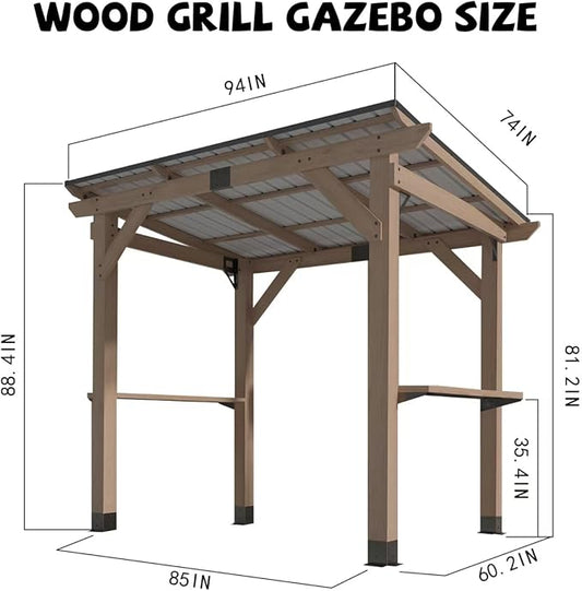 8x6 FT Wood Grill Gazebos, BBQ Wooden Gazebo with Hardtop Sloping Steel Roof, Wood Outdoor Pavilion with 2 Side Storage Shelves,Cedar Frame Patio Gazebo for Barbecue, Garden, Deck (Grey)